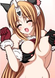 Rule 34 | 1girl, animal ears, bad id, bad pixiv id, blonde hair, blush, grabbing another&#039;s breast, breasts, cat ears, closed eyes, fang, fenrir knight, gloves, grabbing, groping, horns, kojirou (sion), large breasts, nipples, riesz, seiken densetsu, seiken densetsu 3, single horn, sion kozi, solo focus, wolf ears