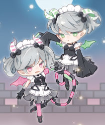 Rule 34 | 2girls, absurdres, arianna the labrynth servant, arianne the labrynth servant, blush, bow, chibi, duel monster, gloves, green eyes, grey hair, hair bow, hair ornament, highres, horns, looking at viewer, maid, maid headdress, moon, multiple girls, pink eyes, pointy ears, watamoofu, wings, yu-gi-oh!