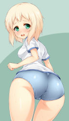 Rule 34 | 1girl, aqua eyes, ass, blonde hair, breasts, buruma, cameltoe, cleft of venus, elma leivonen, highres, kuragari, looking at viewer, open mouth, short hair, small breasts, solo, strike witches, strike witches: suomus misfits squadron, sweat, world witches series