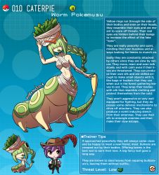 Rule 34 | 1boy, 1girl, antennae, arthropod girl, artist name, basket, braid, brown eyes, caterpie, centauroid, character profile, commentary, covered eyes, creatures (company), english commentary, english text, game freak, gen 1 pokemon, green hair, hat feather, highres, kinkymation, leaf, long braid, nintendo, personification, poke ball, pokemon, profile, purple hair, taur