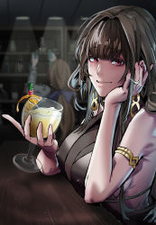 Rule 34 | 2girls, absurdres, ahoge, alternate costume, bare shoulders, black dress, blue bow, blunt bangs, blush, bow, breasts, brown hair, cleavage, closed mouth, cup, dress, drink, drinking glass, dryseaweed, dsr-50 (girls&#039; frontline), dsr-50 (highest bid) (girls&#039; frontline), evening gown, food, fruit, girls&#039; frontline, highres, holding, holding cup, holding food, jewelry, large breasts, long hair, looking at viewer, mandarin orange, multiple girls, official alternate costume, red eyes, ring, smile, springfield (girls&#039; frontline), table, very long hair