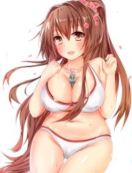 Rule 34 | 10s, 1girl, bare shoulders, between breasts, blush, bottle, breasts, brown eyes, brown hair, cleavage, collarbone, covered erect nipples, eyebrows, flower, hair flower, hair intakes, hair ornament, highres, kantai collection, large breasts, long hair, looking at viewer, navel, open mouth, petals, pikacchi, pink flower, ponytail, shiny skin, sitting, smile, solo, stomach, sweatdrop, thigh gap, very long hair, yamato (kancolle)