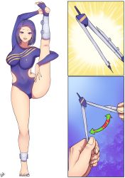 Rule 34 | 1girl, absurdres, anklet, band-width, barefoot, blue nails, breasts, comic, compass (instrument), covered navel, flexible, forehead, full body, gymnastics, highres, hip vent, impossible clothes, impossible leotard, jewelry, large breasts, leg up, leotard, long sleeves, nail polish, open mouth, original, purple eyes, purple hair, short hair, silent comic, single sock, smile, socks, solo, split, standing, standing on one leg, standing split, toeless legwear, toenail polish, toenails