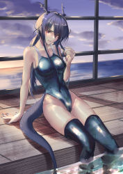 Rule 34 | 1girl, absurdres, alternate costume, arknights, bad id, bad pixiv id, black thighhighs, blue hair, blue nails, blue one-piece swimsuit, blue sky, blush, breasts, ch&#039;en (arknights), cloud, cloudy sky, commentary, competition school swimsuit, competition swimsuit, covered navel, day, dragon girl, dragon horns, dragon tail, feet out of frame, furrowed brow, groin, hair between eyes, highleg, highleg swimsuit, highres, holding, holding own hair, horns, indoors, long hair, looking at viewer, maho (drmaho1), medium breasts, nail polish, ocean, one-piece swimsuit, open mouth, ponytail, pool, poolside, red eyes, school swimsuit, scowl, sidelocks, sitting, sky, soaking feet, solo, sweat, swimsuit, tail, thighhighs, thighs, window