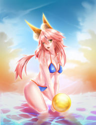 Rule 34 | 10s, 1girl, animal ears, bikini, breasts, cleavage, collarbone, fang, fate/extra, fate/grand order, fate (series), fox ears, fox tail, highres, large breasts, long hair, looking at viewer, ocean, open mouth, pink hair, solo, sunset, swimsuit, tail, tamamo (fate), tamamo no mae (fate/extra), tamamo no mae (swimsuit lancer) (fate), tape de banana, yellow eyes