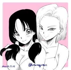 Rule 34 | 2girls, android 18, bikini, bikini top only, breasts, cleavage, closed mouth, dragon ball, dragonball z, earrings, fusumagoten, greyscale, jewelry, long hair, looking at viewer, medium breasts, monochrome, multiple girls, short hair, smile, swimsuit, twintails, videl