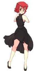 Rule 34 | 1girl, amputee, armless amputee, black dress, black footwear, blush, double amputee, dress, full body, green eyes, halter dress, halterneck, katawa shoujo, no arms, red hair, rtil, shoes, short hair, simple background, sleeveless, sleeveless dress, smile, solo, standing, tezuka rin, white background