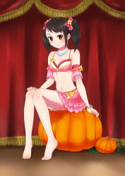 Rule 34 | 1girl, alternate hairstyle, arm at side, armlet, armpits, bare shoulders, barefoot, bikini, bikini skirt, black hair, bow, breasts, brown eyes, cleavage, collarbone, curtains, eyelashes, feet, female focus, flower, full body, hair bow, hair ornament, hair ribbon, hand on own knee, happy, idol, idolmaster, idolmaster cinderella girls, jewelry, legs, long hair, looking at viewer, midriff, miniskirt, nakano yuka, namco, navel, neck, necklace, pearl necklace, pumpkin, ribbon, shinkai kiiro, shiny clothes, shiny skin, sidelocks, sitting, skirt, small breasts, smile, stage, swimsuit, thighlet, tiptoes, toenails, toes, twintails, wristband