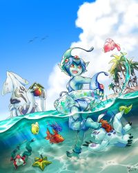 Rule 34 | 1girl, artist name, ass, bandai, barefoot, beach, breasts, claws, digimon, fangs, female focus, fish, fish girl, frog girl, gesomon, gloves, gomamon, happy, highres, looking back, monster girl, one-piece swimsuit, one eye closed, partially submerged, partially underwater shot, pickmon, ranamon, red eyes, running, sky, smile, starmon, swimming, swimsuit, underwater, water, wink
