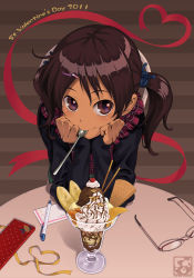 Rule 34 | 1girl, aoi sora (pairan), brown background, brown eyes, brown hair, casual, dark-skinned female, dark skin, unworn eyewear, face, food, gift, glasses, hair ornament, hairclip, hands on own face, head rest, ice cream, incoming gift, looking at viewer, mouth hold, original, pairan, parfait, pen, pov across table, scarf, short twintails, sleeves past wrists, smile, solo, spoon, sundae, table, twintails, valentine