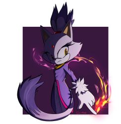 Rule 34 | 1girl, animal ears, blaze the cat, cat ears, cat girl, cat tail, eyelashes, fire, forehead jewel, fur-trimmed gloves, fur trim, furry, furry female, gloves, gold necklace, highres, jacket, jewelry, necklace, purple fur, purple jacket, sonic (series), tail, topknot, tri-chiy, white gloves, yellow eyes