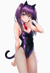 Rule 34 | 1girl, animal ears, bare shoulders, breasts, cat ears, collarbone, cowboy shot, detached collar, fake animal ears, isshi pyuma, kittysuit, leotard, long hair, looking at viewer, necktie, nontraditional playboy bunny, original, pantyhose, parted lips, purple eyes, purple hair, red necktie, serious, simple background, small breasts, solo, tail, twintails, white background, wrist cuffs