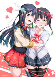 Rule 34 | 2girls, black hair, black thighhighs, blue skirt, blush, bow, bowtie, cheek-to-cheek, collared shirt, commentary request, feather hair ornament, feathers, flower, gloves, gradient hair, green eyes, green hair, grey eyes, hair flower, hair ornament, half gloves, hand on another&#039;s shoulder, heads together, heart, highres, idol clothes, jacket, long hair, looking at another, love live!, love live! nijigasaki high school idol club, medium hair, multicolored hair, multiple girls, nijigasaki school uniform, one eye closed, one side up, open mouth, plaid, plaid skirt, red bow, red bowtie, red skirt, restrained, school uniform, shirt, short sleeves, sidelocks, skirt, standing, summer uniform, takasaki yu, thighhighs, twintails, twitter username, upper body, white gloves, white shirt, yellow jacket, yuki setsuna (love live!), yuri, yuuzaki takumi