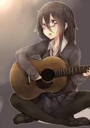 Rule 34 | 1girl, acoustic guitar, bad id, bad pixiv id, black eyes, black hair, black pantyhose, guitar, highres, holding, instrument, loafers, looking at viewer, music, neko sensha, open mouth, original, pantyhose, playing instrument, pleated skirt, plectrum, school uniform, shoes, sitting, skirt, solo