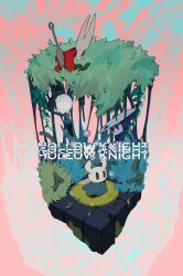 Rule 34 | abstract background, absurdres, aqua background, blue cape, cape, copyright name, floating island, highres, hollow knight, hornet (hollow knight), horns, isometric, knight (hollow knight), lamppost, mask, mask on head, nail (hollow knight), no humans, pink background, quirrel, red cape, two-tone background, vellmori, zoom layer