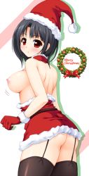 Rule 34 | 10s, 1girl, :o, ass, bad id, bad pixiv id, bare shoulders, black hair, black thighhighs, blush, breasts, garter straps, gloves, hat, kantai collection, looking at viewer, merry christmas, naoki (endofcentury102), nipples, no bra, red eyes, red gloves, santa costume, santa hat, short hair, solo, takao (kancolle), thighhighs
