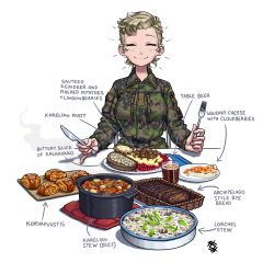 Rule 34 | 1girl, absurdres, blonde hair, camouflage, camouflage jacket, cheese, closed mouth, commentary, english commentary, english text, closed eyes, facing viewer, finland, food, fork, highres, holding, holding fork, holding knife, jacket, knife, military, military uniform, original, ostwindprojekt, pasties, pastry, pinky out, pot, short hair, signature, simple background, smile, solo, stew, uniform, unmoving pattern, white background