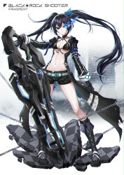 Rule 34 | 1girl, absurdres, black bra, black footwear, black hair, black jacket, black rock shooter fragment, black shorts, boots, bra, breasts, chain, chinese commentary, copyright name, elishka (black rock shooter), flaming eye, hair ornament, highres, holding, holding weapon, huge weapon, jacket, long hair, mismatched pupils, miying (13975192760), navel, shorts, small breasts, star-shaped pupils, star (symbol), symbol-shaped pupils, twintails, underwear, weapon