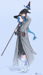 Rule 34 | 1girl, absurdres, artist name, blonde hair, blue eyes, boots, braid, cape, dress, eyelashes, full body, hat, highres, holding, holding staff, lara greyrat, long hair, mushoku tensei, sanoh&#039;s canvas, simple background, single braid, solo, staff, witch hat