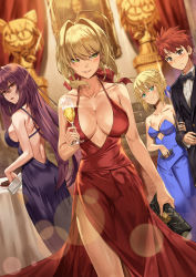 Rule 34 | 1boy, 3girls, :o, :t, ahoge, alcohol, alternate costume, aqua eyes, arm at side, artoria pendragon (all), artoria pendragon (fate), back, backless dress, backless outfit, bag, bare arms, bare shoulders, black bow, black jacket, black neckwear, blonde hair, blue dress, blue ribbon, blurry, blurry background, blush, bow, bowtie, breasts, brown eyes, cake, champagne, champagne flute, cleavage, closed mouth, collarbone, cup, depth of field, dress, drinking glass, dutch angle, emiya shirou, evening gown, fate (series), feet out of frame, fine art parody, food, formal, green eyes, hair between eyes, hair intakes, hair ribbon, halter dress, halterneck, handbag, highres, holding, holding bag, holding cup, holding own arm, indoors, jacket, jealous, large breasts, lens flare, long hair, looking at viewer, looking to the side, medium breasts, mona lisa, multiple girls, neco-arc, nero claudius (fate), nero claudius (fate) (all), nero claudius (fate/extra), no bra, open mouth, painting (object), parody, parted lips, pelvic curtain, pink lips, pout, purple dress, purple hair, rainmaker, red dress, red eyes, red hair, red ribbon, ribbon, saber (fate), scathach (fate), short hair, sideboob, sidelocks, simple background, sleeveless, sleeveless dress, sparkle, standing, statue, strapless, strapless dress, suit, sweat, table, thighs, v-shaped eyebrows