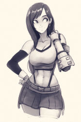 Rule 34 | 1girl, abs, absurdres, arm guards, black hair, breasts, cleavage, crop top, cropped legs, earrings, elbow gloves, final fantasy, final fantasy vii, final fantasy vii remake, fingerless gloves, gloves, greyscale, hand on own hip, highres, jewelry, large breasts, long hair, looking to the side, medium breasts, miniskirt, monochrome, navel, pleated skirt, raichiyo33, simple background, skirt, smile, solo, stomach, suspenders, tank top, tifa lockhart, toned, white background