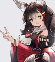 Rule 34 | 1girl, :d, animal, animal ear fluff, animal ears, bell, bird, black dress, black hair, breasts, chicken, commentary, detached sleeves, dress, eyelashes, fang, grey background, hair between eyes, hair ornament, highres, holding, holding animal, hololive, kouhaku nawa, long hair, looking at viewer, majo (pastamajo), medium breasts, multicolored hair, ookami mio, ookami mio (1st costume), open mouth, red hair, rope, shimenawa, simple background, smile, solo, streaked hair, tail, two-tone hair, upper body, v, virtual youtuber, wide sleeves, wolf ears, wolf tail, yellow eyes
