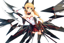 Rule 34 | 1girl, :o, axe, battle axe, black thighhighs, blonde hair, green eyes, holding, long hair, mecha musume, original, parsley-f, plaid, plaid skirt, revision, robot ears, short hair, simple background, skirt, solo, thighhighs, weapon, white background, wings