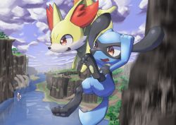 Rule 34 | 1boy, absurdres, animal ears, animal hands, arms up, black fur, blue fur, blue sky, body fur, bridge, cliff, cloud, creatures (company), day, falling, fangs, fennekin, fox heart, full body, furry, furry male, game freak, gen 3 pokemon, gen 4 pokemon, gen 6 pokemon, happy, highres, jpeg artifacts, leg up, male focus, midair, milotic, motion blur, nintendo, open mouth, outdoors, pawpads, pokemon, pokemon (creature), red eyes, reflection, riolu, river, sideways mouth, sky, smile, snout, tail, tree, two-tone fur, water, wolf boy, wolf tail