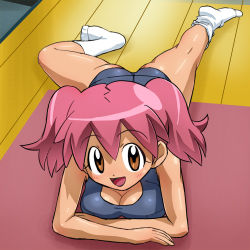 Rule 34 | 1girl, ass, blue one-piece swimsuit, blush, breasts, brown eyes, cleavage, haruyama kazunori, hinata natsumi, keroro gunsou, long hair, looking at viewer, lowres, lying, medium breasts, on floor, one-piece swimsuit, open mouth, pink hair, rug, school swimsuit, smile, socks, solo, swimsuit, twintails, white socks