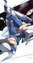 Rule 34 | 1girl, android, blue eyes, boots, breasts, gloves, helmet, highres, huanxiang huifeng, ice, ice crystal, fairy leviathan (mega man), mega man (series), mega man zero (series), polearm, sitting, snow, spear, splashing, thigh boots, thighhighs, toes, weapon