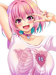 Rule 34 | 1girl, ahoge, arm behind head, arm up, blush, breasts, collar, earrings, fang, hair between eyes, hair intakes, hand up, heart-shaped lock, heart on chest, highres, huge breasts, idolmaster, idolmaster cinderella girls, jewelry, looking at viewer, militia minpei, multicolored hair, nail polish, off-shoulder shirt, off shoulder, open mouth, pill earrings, pink collar, pink eyes, pink hair, pink nails, shirt, short hair, short sleeves, simple background, single bare shoulder, skeleton print, smile, solo, t-shirt, two-tone hair, upper body, v, white background, white shirt, yumemi riamu