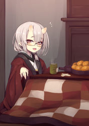 Rule 34 | 1girl, :d, brown eyes, commentary request, cup, food, fruit, glasses, grey hair, hair between eyes, hands up, highres, holding, holding cup, horns, indoors, japanese clothes, kimono, kiyu (ogami kazuki), kotatsu, looking at viewer, mandarin orange, notice lines, ogami kazuki, oni, oni horns, open clothes, open mouth, original, sitting, smile, solo, steam, table, white kimono, yunomi