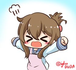 Rule 34 | &gt; &lt;, 1girl, puff of air, apron, arms up, asimo953, big head, blue sailor collar, blush, breasts, brown hair, chibi, clenched hands, closed eyes, commentary request, d:, dx, facing viewer, folded ponytail, furrowed brow, inazuma (kancolle), kantai collection, long hair, long sleeves, nanodesu (phrase), no nose, open mouth, outstretched arms, parted bangs, pink apron, sailor collar, school uniform, serafuku, shirt, sidelocks, simple background, sleeve cuffs, solo, twitter username, upper body, white shirt