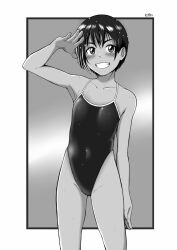 Rule 34 | 1girl, arm at side, artist name, blush, collarbone, cowboy shot, feet out of frame, flat chest, grin, highres, looking at viewer, monochrome, navel, navel covered, one-piece swimsuit, original, salute, short hair, smile, solo, standing, swimsuit, teeth, thighs, tokai, tomboy, wet