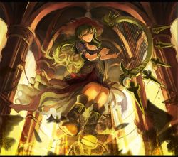Rule 34 | 1girl, boots, floating, floating object, green eyes, green hair, harp, hat, instrument, long hair, looking at viewer, open mouth, pixiv fantasia, pixiv fantasia fallen kings, pointy ears, shirorin (ballet girl&#039;s), wind