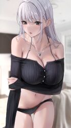 Rule 34 | 1girl, absurdres, bare shoulders, black eyes, black panties, black shirt, blurry, blurry background, blush, breasts, cleavage, collarbone, commentary, earrings, grey hair, highres, indoors, jewelry, large breasts, long hair, looking at viewer, mole, mole under eye, navel, necklace, off-shoulder shirt, off shoulder, original, panties, parted lips, po ppe, shirt, solo, underwear