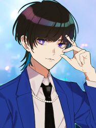 Rule 34 | 1boy, bead necklace, beads, black hair, blue background, blue hair, blue jacket, closed mouth, cloud nine inc, collared shirt, colored inner hair, commentary, hashtag-only commentary, highres, jacket, jakusansei (utaite), jewelry, long sleeves, male focus, mismatched pupils, multicolored hair, necklace, oshi no ko, purple eyes, riseno, shirt, short hair, solo, star-shaped pupils, star (symbol), symbol-shaped pupils, utaite, white shirt, wolf cut