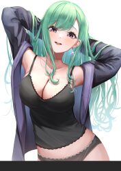 Rule 34 | 1girl, absurdres, arms behind head, arms up, black camisole, black panties, breasts, camisole, ear piercing, earrings, green hair, grey jacket, highres, horo 27, jacket, jewelry, lace, lace-trimmed camisole, lace-trimmed panties, lace trim, large breasts, long hair, looking at viewer, open mouth, panties, piercing, purple eyes, simple background, single earring, smile, solo, spaghetti strap, standing, swept bangs, teeth, underwear, upper body, upper teeth only, virtual youtuber, vspo!, white background, yakumo beni