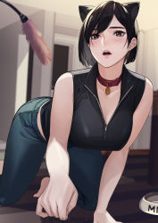 Rule 34 | 1girl, absurdres, all fours, animal ears, artist name, black hair, black shirt, blue pants, blush, bowl, breasts, brown eyes, cat ears, cat teaser, collar, collared shirt, commentary request, denim, fake animal ears, highres, indoors, jeans, kagematsuri, large breasts, open mouth, original, pants, pet bowl, red collar, shirt, sleeveless, sleeveless shirt, solo, teeth, upper teeth only, zipper pull tab