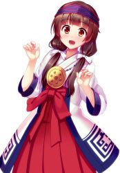 Rule 34 | 10s, 1girl, :d, amayadori machi, blunt bangs, bow, bracelet, brown eyes, brown hair, eyebrows, eyelashes, hair bow, hakama, hakama skirt, head tilt, headband, highres, jacket, japanese clothes, jewelry, kimono, kumamiko, long hair, long sleeves, looking at viewer, low twintails, open clothes, open jacket, open mouth, pleated skirt, red bow, red hakama, sakuranoyukke, simple background, skirt, smile, solo, standing, tareme, twintails, white background, white bow, white jacket
