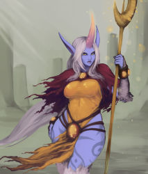 Rule 34 | 1girl, bandages, breasts, brooch, cape, colored skin, curvy, eyebrows, grey hair, hand on own hip, highres, horns, jewelry, large breasts, league of legends, leg warmers, leotard, lips, live for the funk, long hair, nose, pointy ears, ponytail, purple skin, single horn, skindentation, solo, soraka (league of legends), staff, standing, taut clothes, torn cape, torn clothes, very long hair, wide hips, wind, yellow eyes