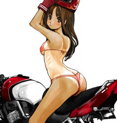 Rule 34 | 1girl, armpits, arms up, ass, bikini, breasts, brown eyes, brown hair, butt crack, from side, gloves, helmet, kazaana, long hair, motor vehicle, motorcycle, one-piece tan, original, red bikini, ribs, simple background, sitting, solo, swimsuit, tan, tanline, underboob, vehicle, white background