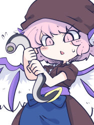 Rule 34 | 1girl, animal, animal ears, bird ears, bird wings, blush stickers, chahan (fried rice0614), eel, fish, head scarf, highres, holding, holding animal, holding fish, japanese clothes, mystia lorelei, okamisty, one-hour drawing challenge, open mouth, pink eyes, pink hair, short hair, short sleeves, simple background, solo, touhou, upper body, white background, white wings, wings