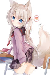 Rule 34 | 1girl, :t, animal ear fluff, animal ears, bad id, bad pixiv id, black sailor collar, blue eyes, blush, brown hair, brown skirt, cardigan, chair, closed mouth, commentary request, desk, fox ears, fox girl, fox tail, from behind, hair between eyes, highres, kata rosu, long hair, long sleeves, looking at viewer, looking back, motion lines, open cardigan, open clothes, original, pencil case, plaid, plaid skirt, pleated skirt, pout, purple cardigan, red neckwear, sailor collar, school chair, school desk, school uniform, serafuku, shirt, simple background, skirt, sleeves past wrists, solo, spoken expression, standing, tail, thighhighs, twintails, v-shaped eyebrows, very long hair, white background, white shirt, white thighhighs