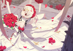 Rule 34 | 1girl, :&gt;, absurdres, aiee, bad id, bad pixiv id, bouquet, breasts, bride, chinese commentary, cleavage, commentary request, cross, detached collar, dress, elbow gloves, flower, from above, gloves, hair flower, hair ornament, highres, holding, holding bouquet, honkai (series), honkai impact 3rd, looking at viewer, looking back, looking up, petals, red flower, red rose, rose, short hair, sitting, sleeveless, sleeveless dress, smile, solo, theresa apocalypse, theresa apocalypse (luna kindred), wedding dress, white dress, white gloves, white hair