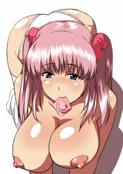 1girl all_fours blue_eyes blush breasts condom condom_in_mouth female_focus haramura_nodoka mouth_hold nipples panties pink_hair saki_(manga) saruanu solo thighhighs twintails underwear