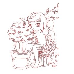 Rule 34 | akai (ugokashitari), bonsai, chair, leaf, mirror, monochrome, monster girl, plant, plant girl, scissors