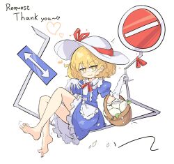 Rule 34 | 1girl, :t, apron, arrow (symbol), bare legs, barefoot, basket, blonde hair, blue dress, bow, dress, eating, elbow gloves, frilled apron, frilled dress, frills, full body, gloves, hat, hat bow, highres, kana anaberal, medium hair, no parking sign, primsla, red bow, road sign, sign, simple background, sitting, soles, solo, toes, touhou, touhou (pc-98), v-shaped eyebrows, white apron, white background, white bow, white gloves, yellow eyes