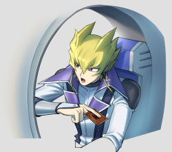 Rule 34 | blonde hair, buttons, card, commentary request, hair between eyes, hand up, holding, holding card, jack atlas, koma yoichi, lower teeth only, open mouth, purple eyes, sideways glance, solo, spiked hair, teeth, tongue, upper body, yu-gi-oh!, yu-gi-oh! 5d&#039;s
