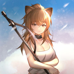 Rule 34 | 1girl, animal ears, arknights, black collar, blue background, breasts, brown eyes, brown hair, cleavage, collar, holding, holding weapon, large breasts, lion ears, long hair, oldercat, ponytail, siege (arknights), solo, studded collar, tank top, upper body, war hammer, weapon, white tank top
